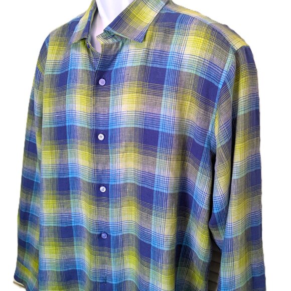 Robert Talbott Linen Shirt XL Long Sleeve Colorful Blue Yellow Plaid button down - Picture 3 of 13